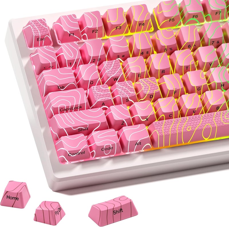 HITIME XVX Pink Topographic Keycaps with IMD Tech, Shine Through Custom Keycap 60 75 100 Percent, Lines Backlit Keycap Set, OEM Profile, Side Printed Keyboard Key caps for Keyboards(Only Keycaps) - Image 1